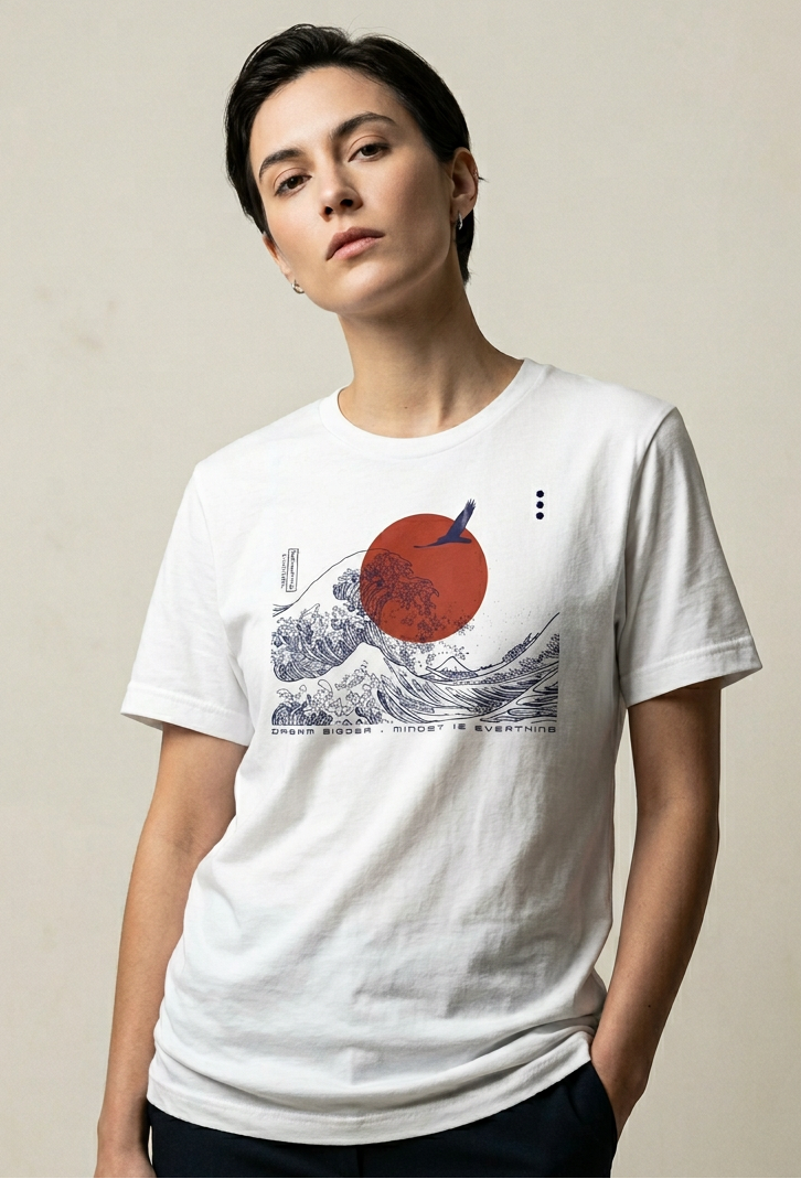 A woman wearing a white graphic t-shirt featuring a stylized print of 'The Great Wave off Kanagawa' with a red sun and a small three-dot logo on the chest, set against a plain beige background.
