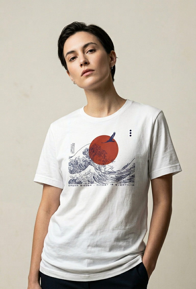 Person wearing a white t-shirt with a graphic design on a plain background